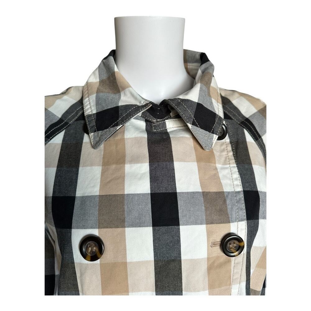Ann Taylor Medium Weekend Collection tan black cream Plaid Short Trench Coat​ - Picture 8 of 11
